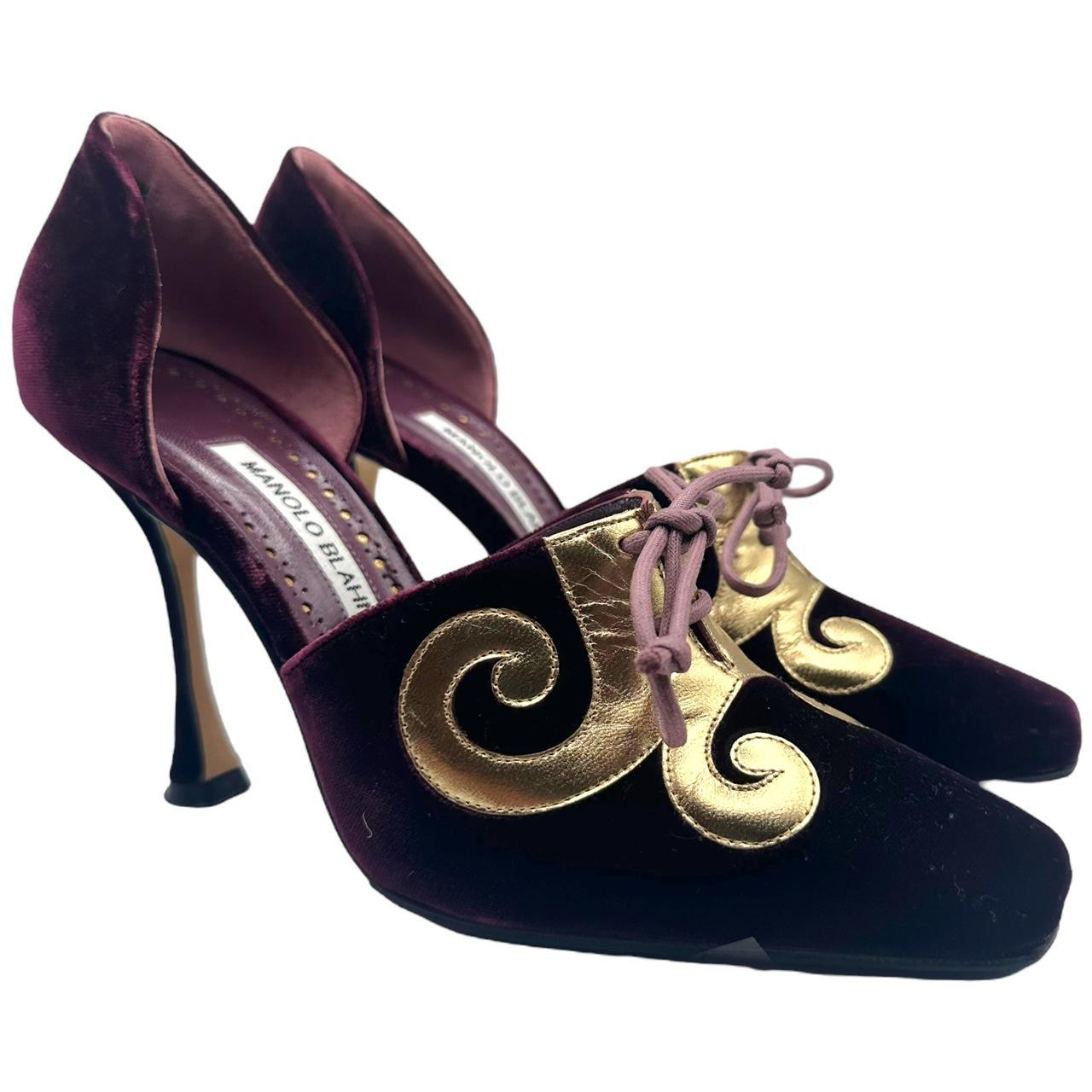 Manolo Blahnik Purple Suede & Gold Leather Heels - Outfit Repeater