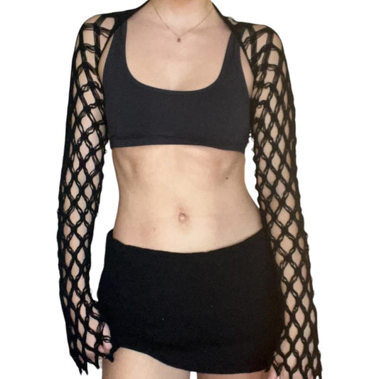 Jean-Paul Gaultier Femme Black Stretch Mesh Woven Fishnet Style Bolero Sleeve Cardigan