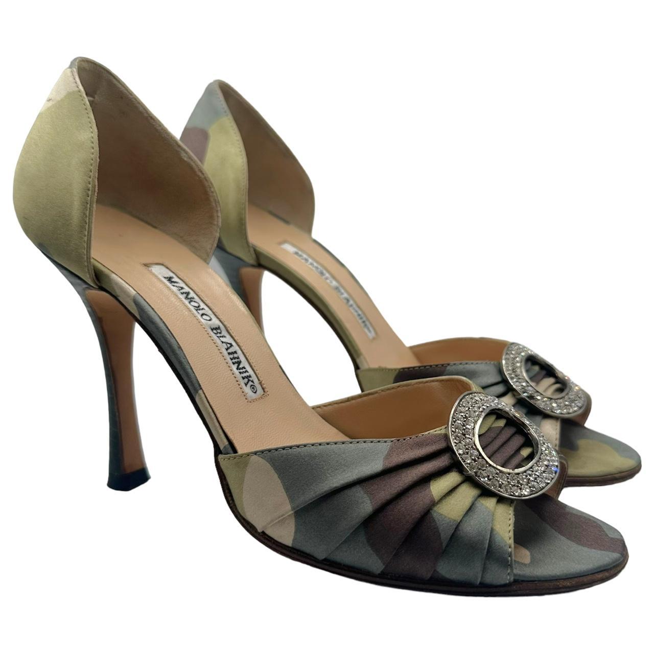 Manolo Blahnik D'Orsay Heels Camouflage Silk Crystal Embellished