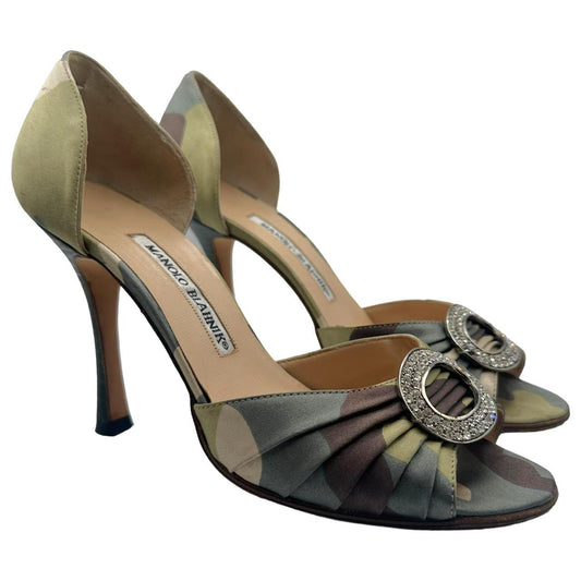 Manolo Blahnik D'Orsay Heels Camouflage Silk Crystal Embellished