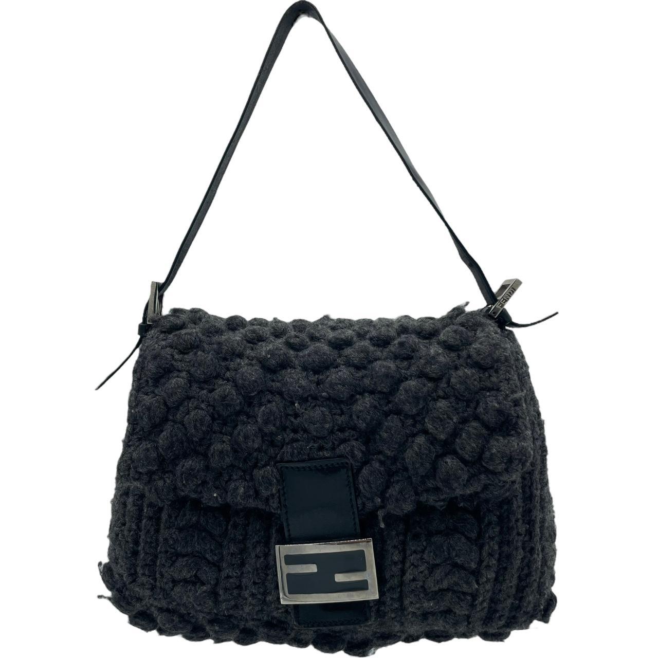 Fendi Crochet Knit Wool Shoulder Bag Gray