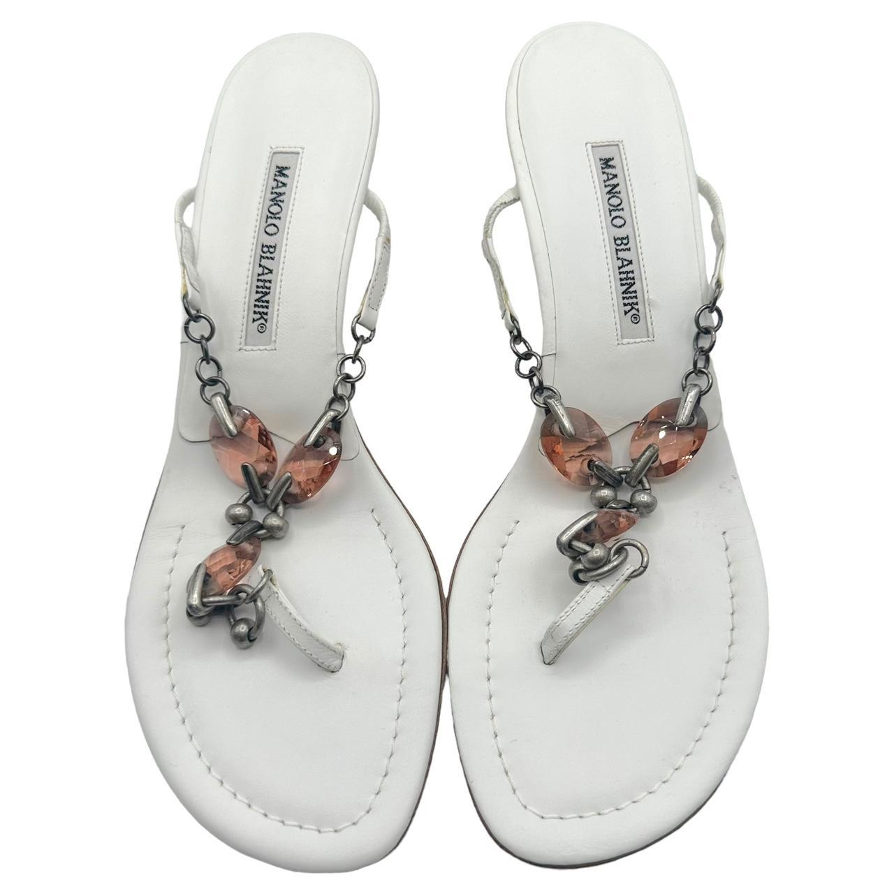 Manolo Blahnik White Leather Crystal Embellished Flip Flops