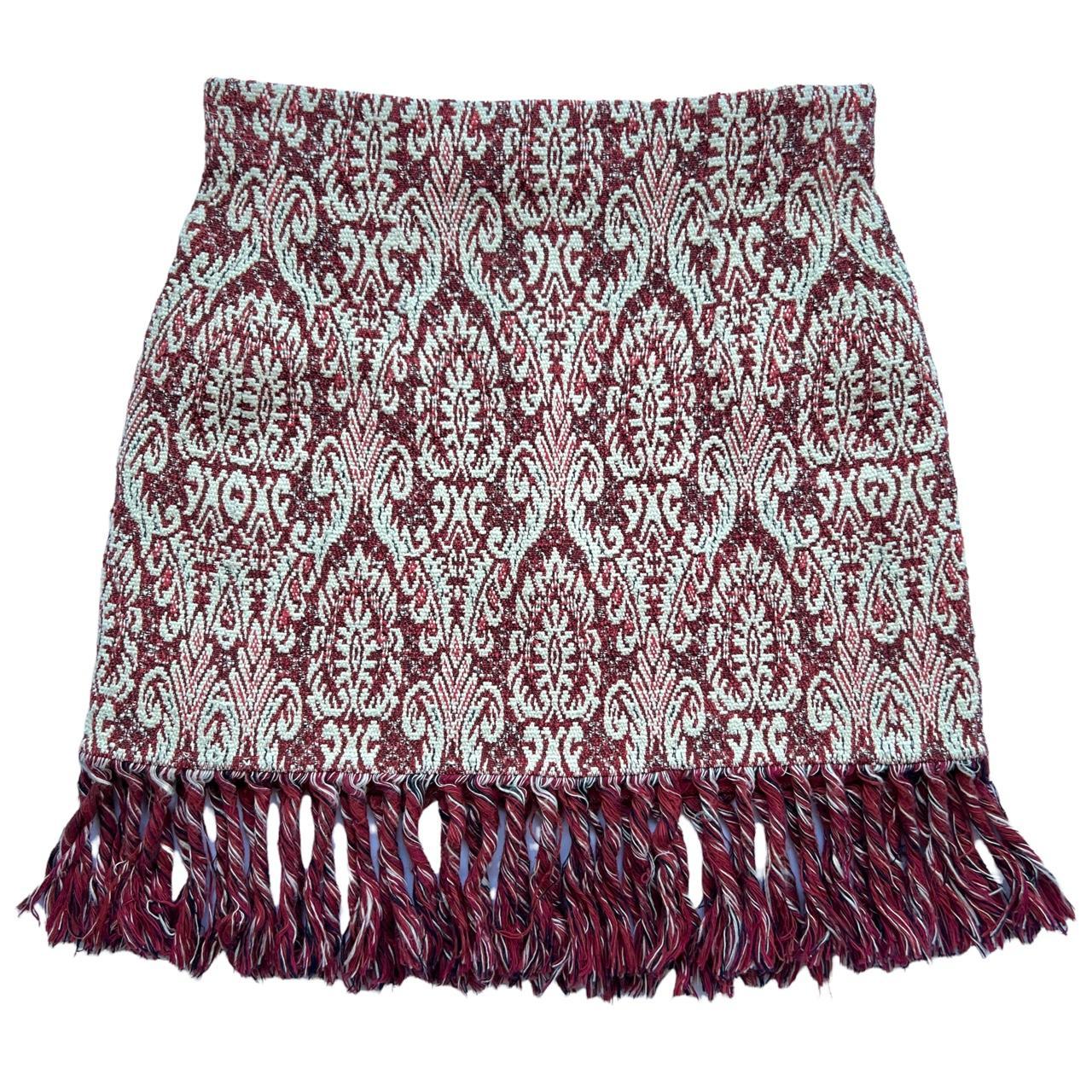 Chloé Burgundy and Ivory Jacquard Damask Printed Woven Fringe Mini Skirt - Outfit Repeater