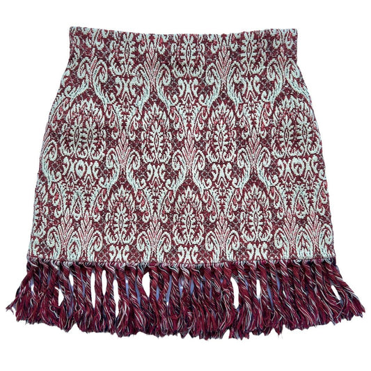 Chloé Burgundy and Ivory Jacquard Damask Printed Woven Fringe Mini Skirt - Outfit Repeater