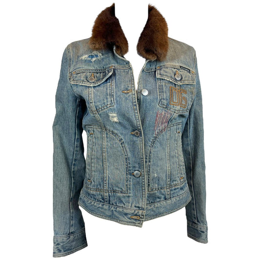 Dolce & Gabbana Distressed Denim Jacket with Embroidered Logo and Real Fur Collar - Outfit Repeater