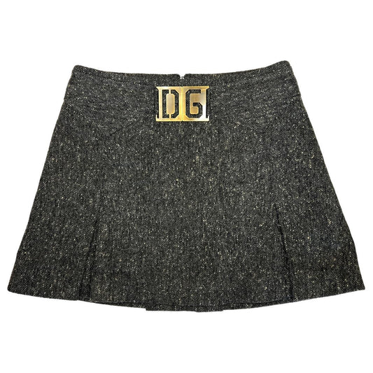 Dolce & Gabbana Gray Wool Plated Mini Skirt with Gold Logo Buckle - Outfit Repeater