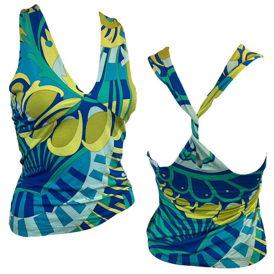 Emilio Pucci Firenze Blue and Green Patterned Twist Back Deep V-Neck Tank - Outfit Repeater