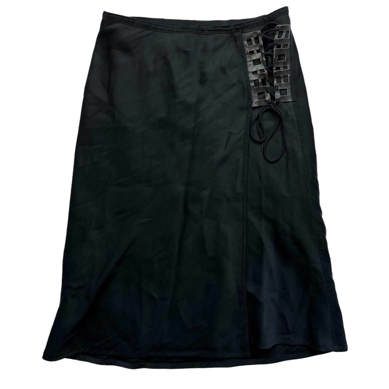 VIVIENNE TAM Black Wrap Mid-Length Midi Skirt with Leather Detail and Lace Up Waist