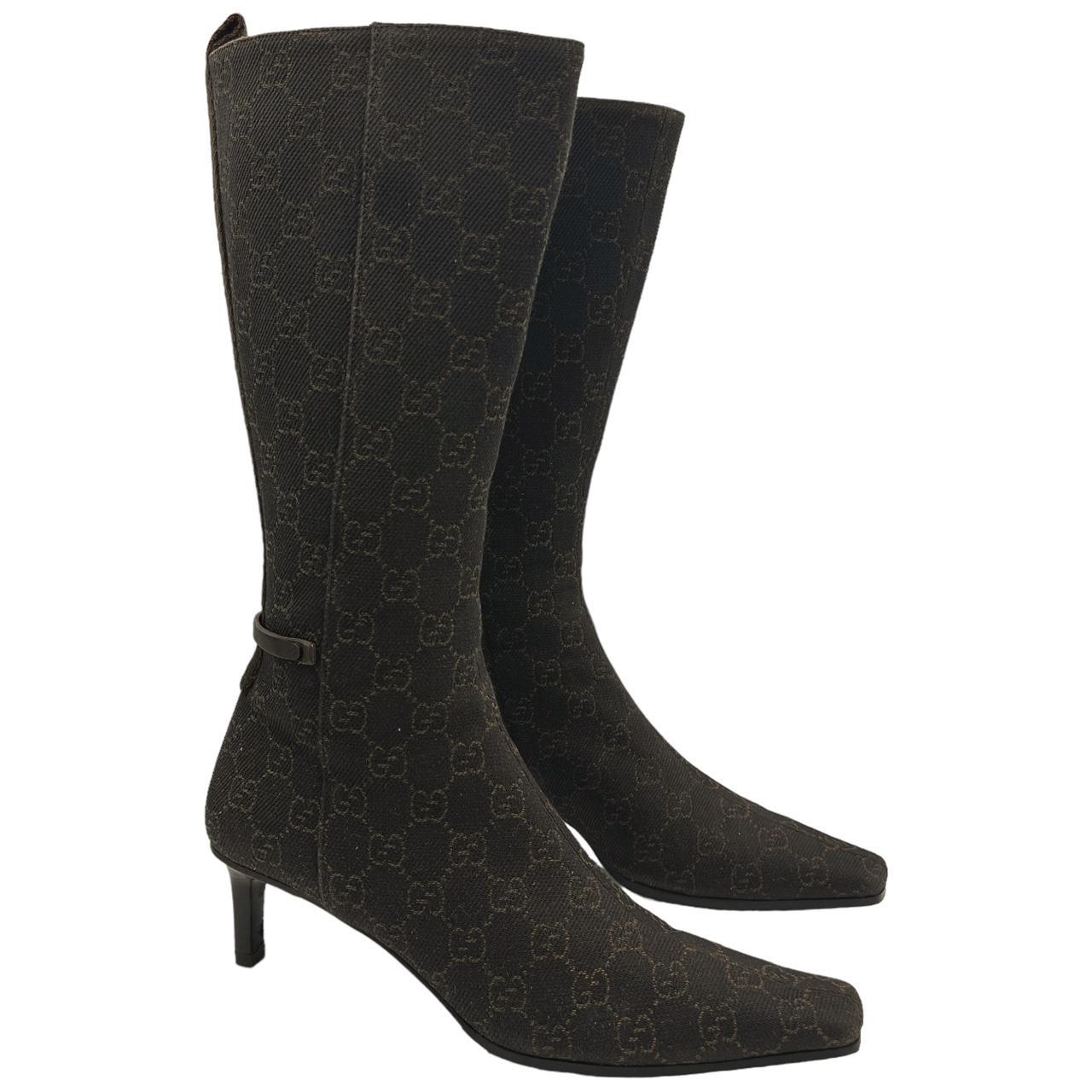 Gucci Knee High Pointed Toe Boots Brown Monogram
