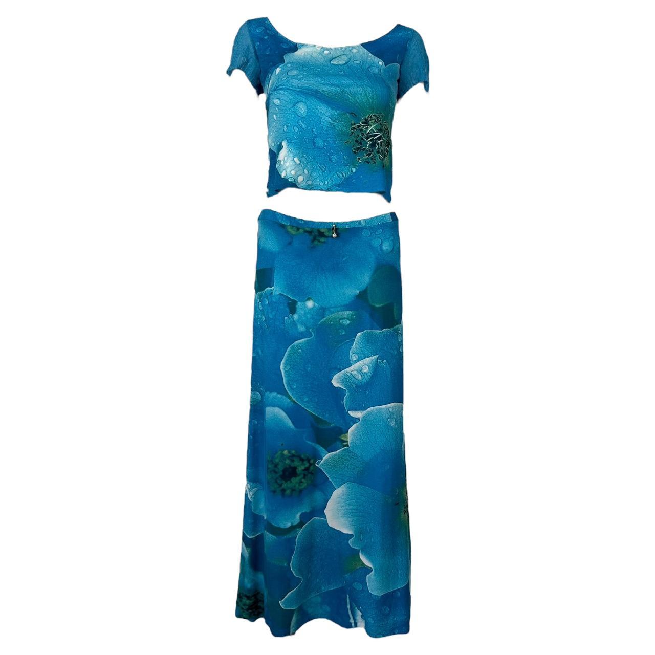 Roberto Cavalli Blue Floral Crop Top & Maxi Skirt Set