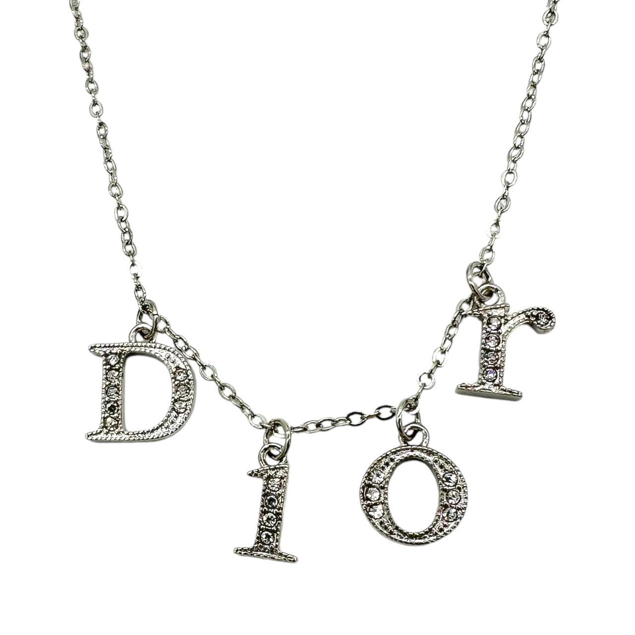 Christian Dior Silver Crystal Logo Charm Necklace