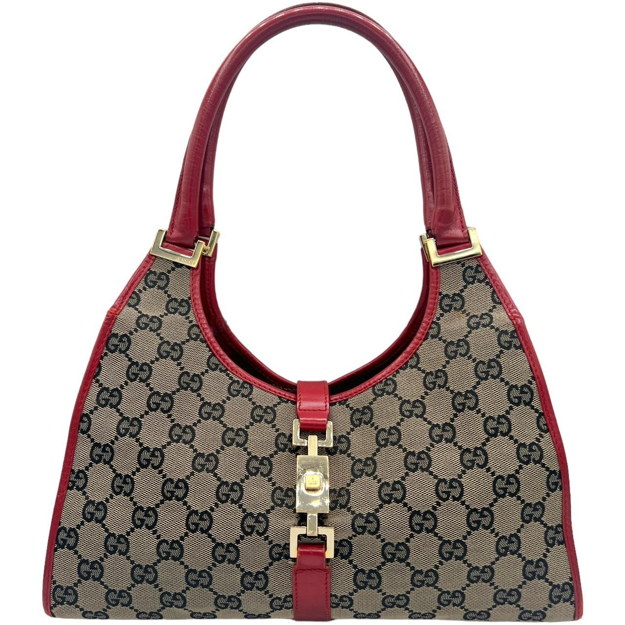 Gucci Red Leather Gray Monogram Jackie Shoulder Bag