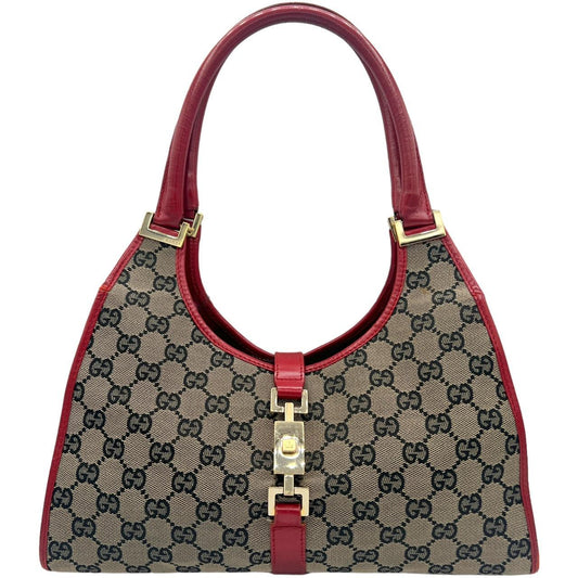 Gucci Red Leather Gray Monogram Jackie Shoulder Bag