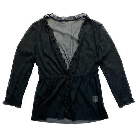 VIVIENNE TAM Black Sheer Mesh Cardigan Style Top Blouse with Ruffle Trim - Outfit Repeater