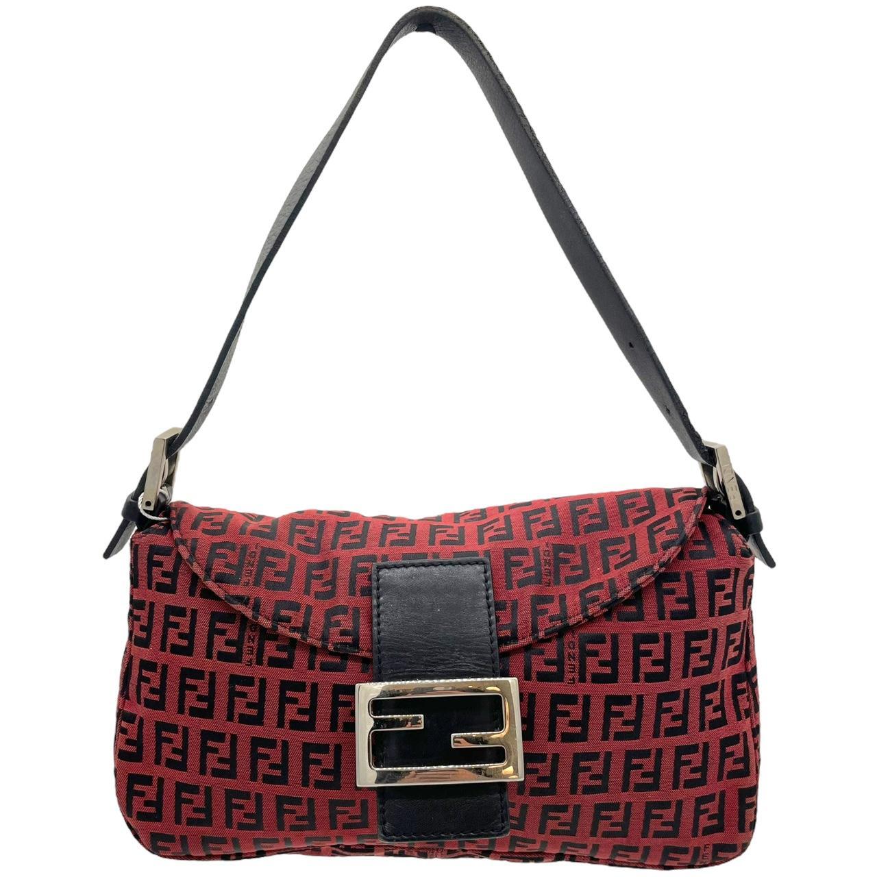 Fendi Fold-Over Baguette Shoulder Bag Red Black Zucca
