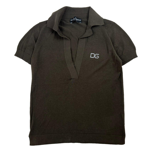 Dolce & Gabbana Brown Knit Polo with Crystal Logo