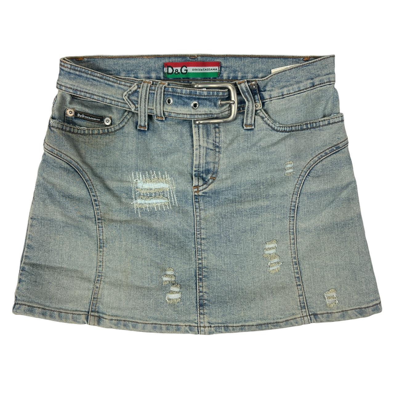 Dolce & Gabbana Light Wash Denim Distressed Mini Skirt with Attached Belt - Outfit Repeater