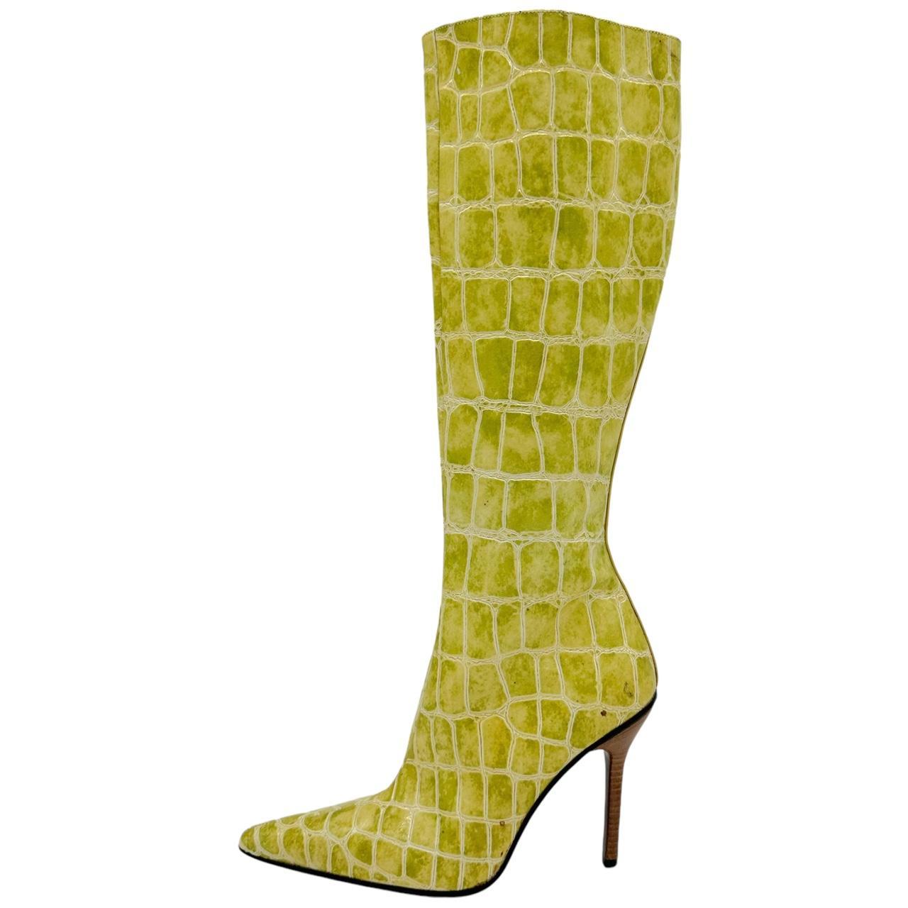 Dolce & Gabbana Green Croc Embossed Heeled Knee-High Boots