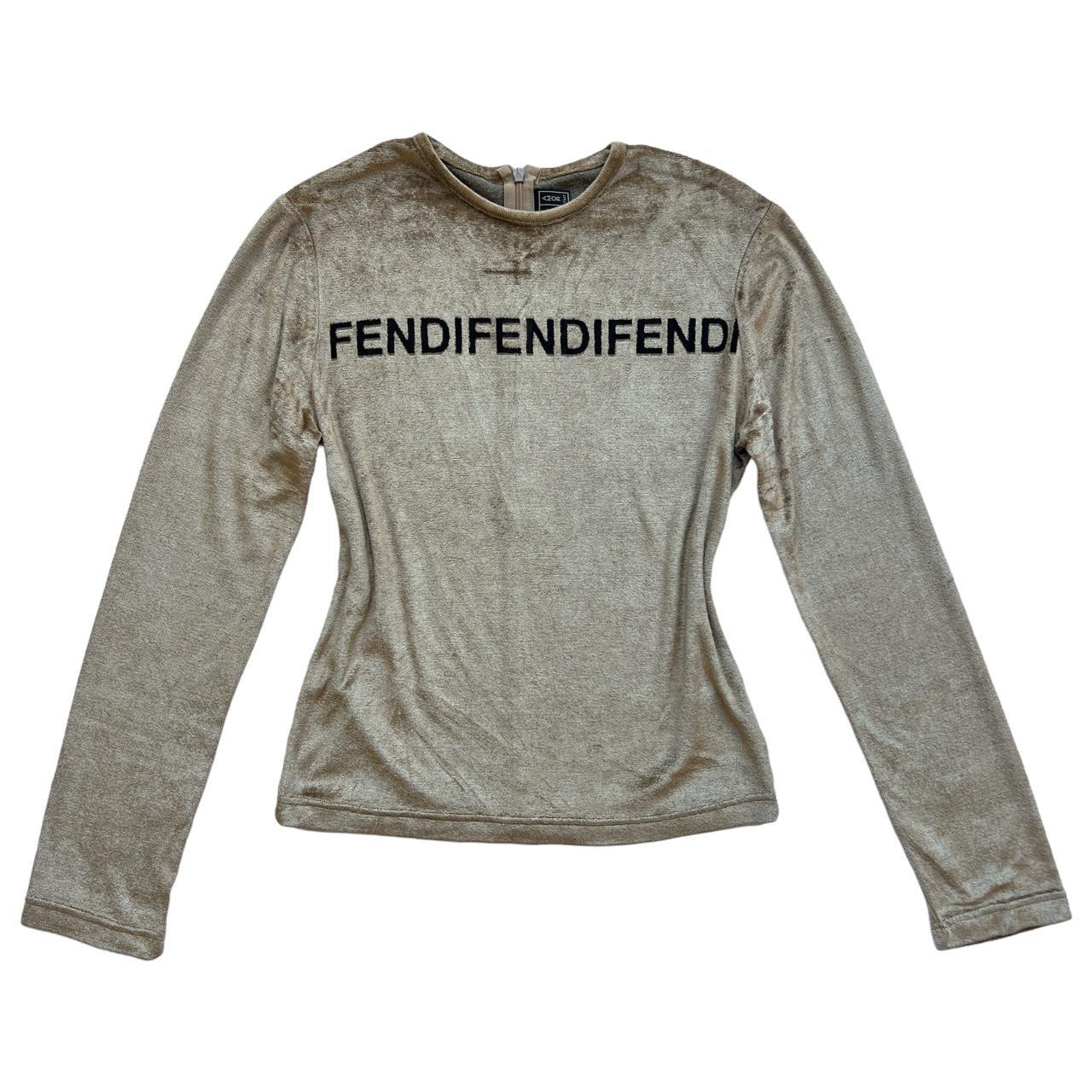 Fendi Jeans Tan Velour / Velvet Long Sleeve Top with See-Through Mesh Repeating Fendi Spell-Out Logo - Outfit Repeater