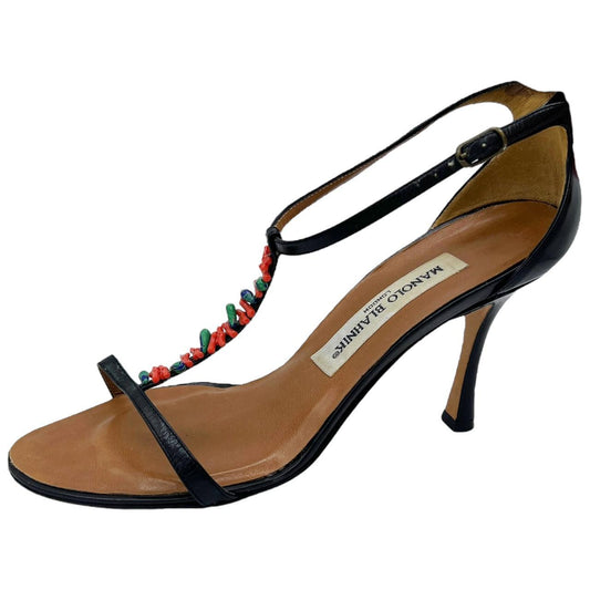 Manolo Blahnik Open Toe Heels Black Leather Coral Beads