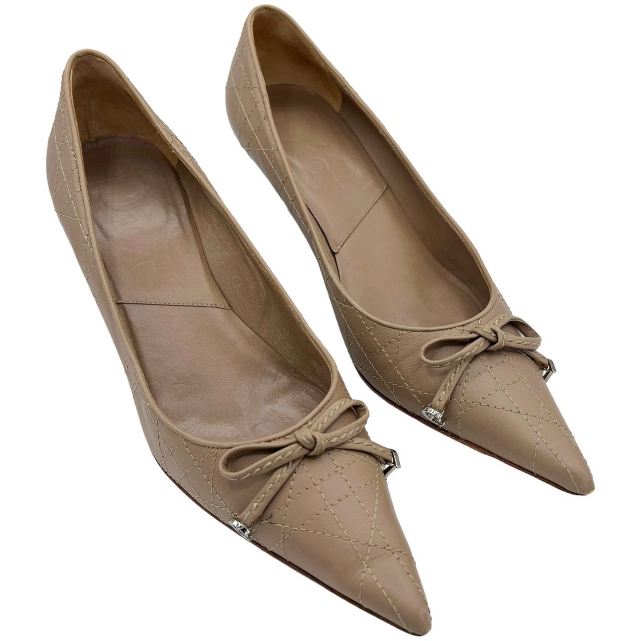 Christian Dior Pointed Toe Bow Heels Tan Quilted Leather