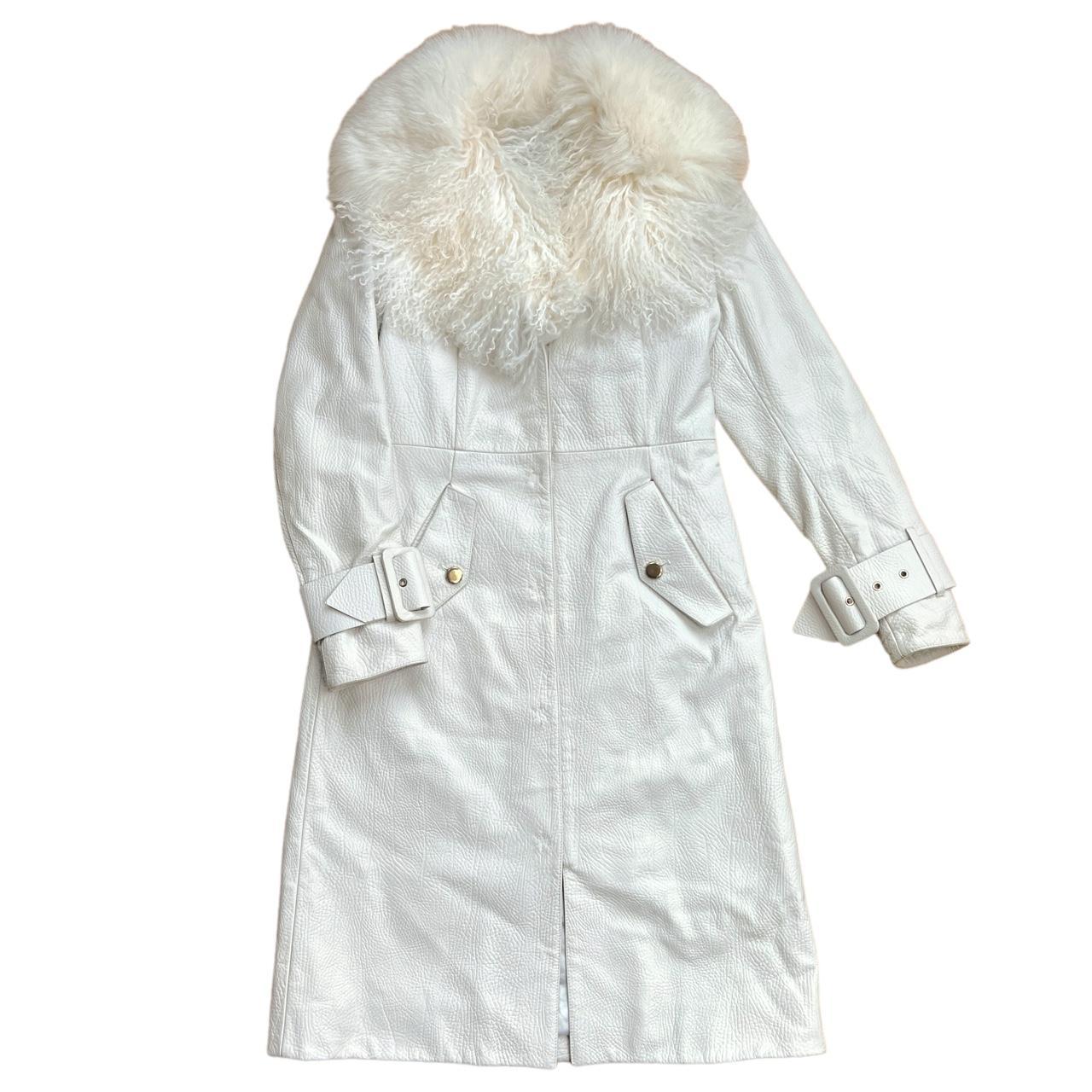 Blumarine White Leather and Mongolian Lamb Fur Collared Coat