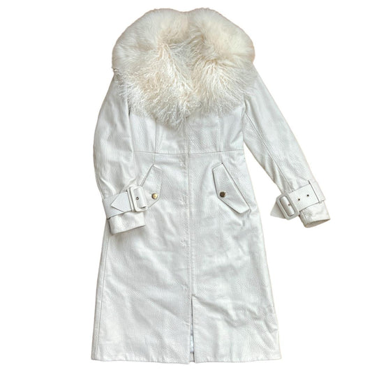 Blumarine White Leather and Mongolian Lamb Fur Collared Coat