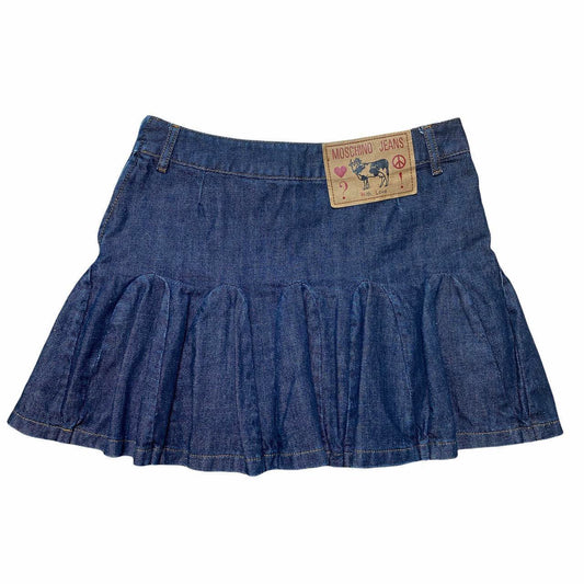 Moschino Jeans Pleated Frilly Mini Denim Skirt with Logo Patch