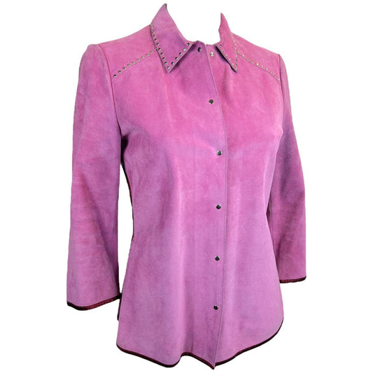 Miu Miu Magenta Pink Leather Suede Jacket with Metallic Red Trim and Silver Studs