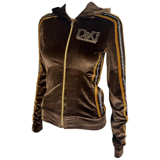 Dolce & Gabbana Brown Velour Rhinestone Logo Hoodie