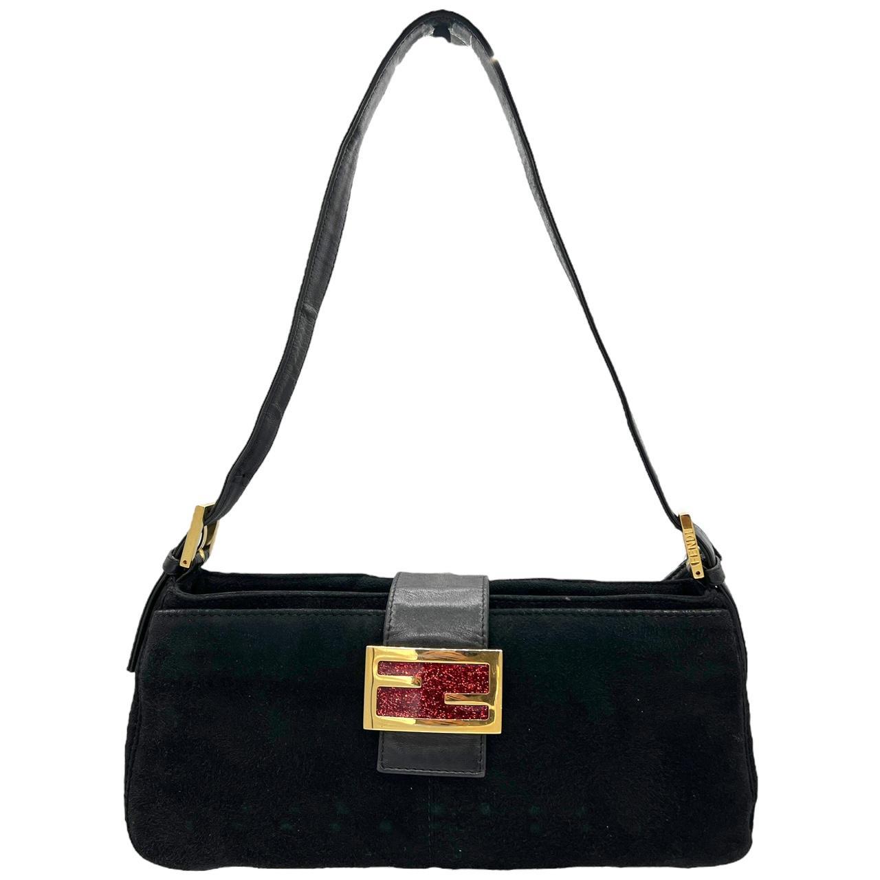 Fendi Black Suede Red Glitter Baguette Shoulder Bag