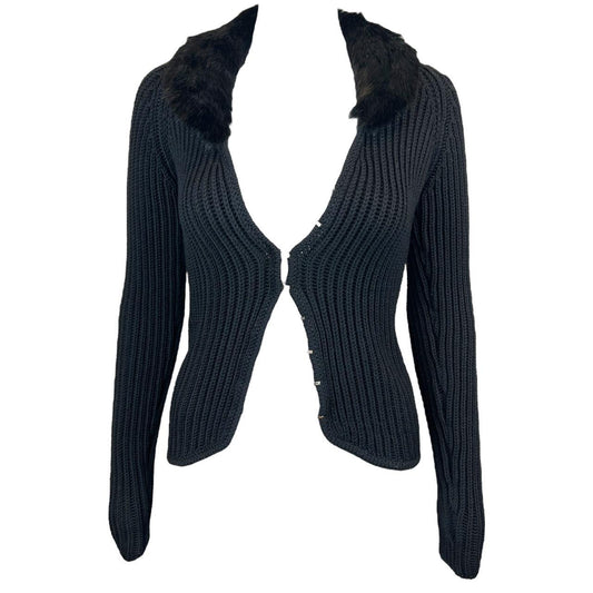 Gucci by Tom Ford Black Wool Cardigan with Rabbit Fur Collar