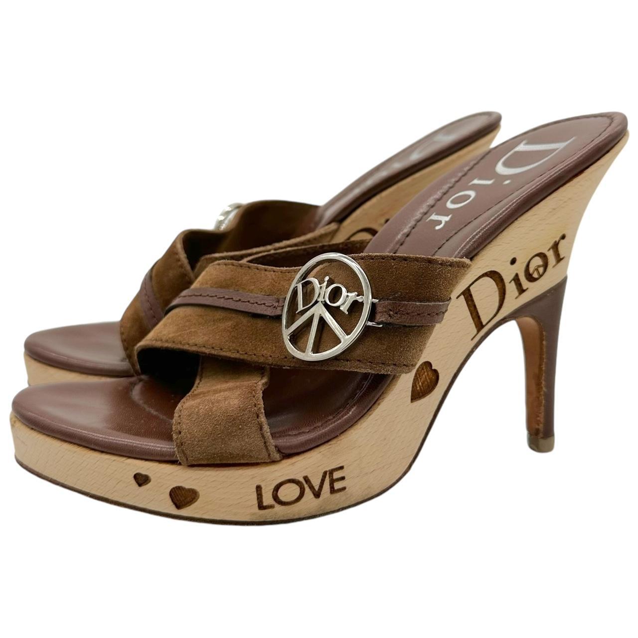 Dior Peace Suede Open-Toe Heels Brown Wood Platform