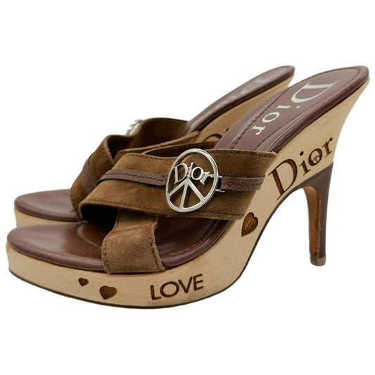 Dior Peace Suede Open-Toe Heels Brown Wood Platform