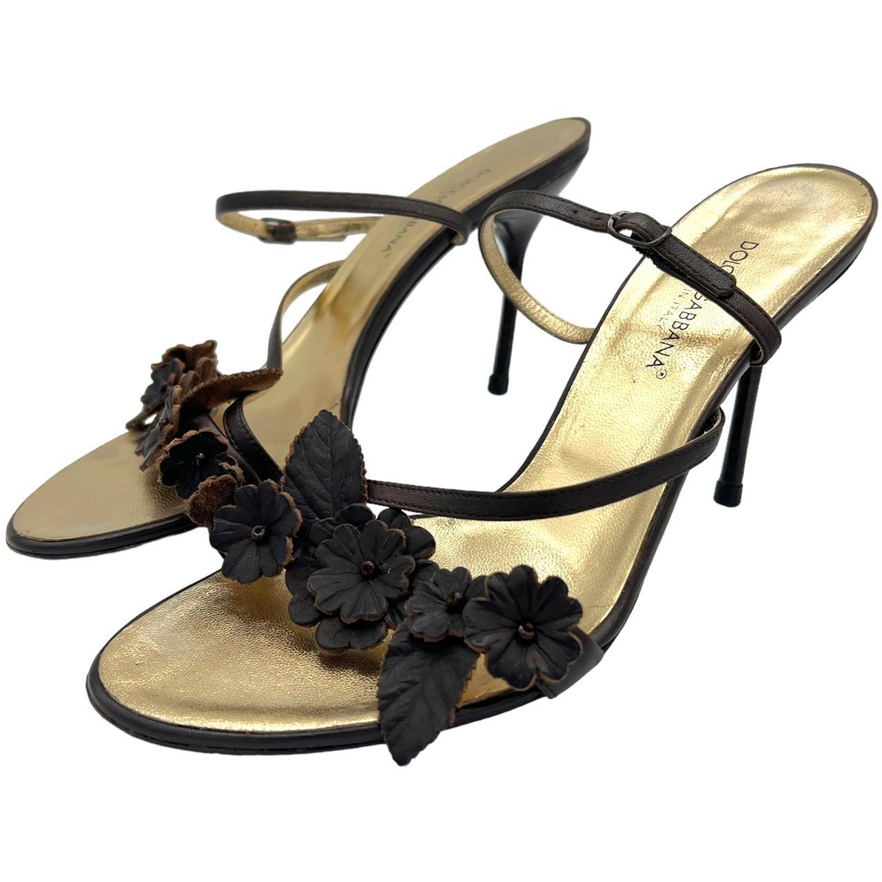Dolce & Gabbana Brown Leather Floral Appliqué Sandal Heels
