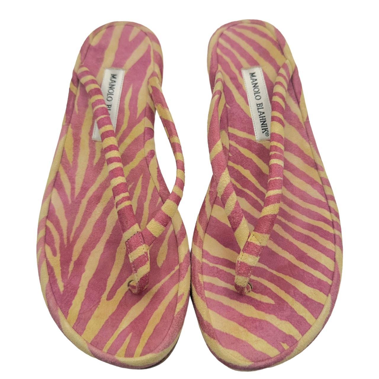 Manolo Blahnik Pink and Yellow Zebra Print Suede Flip Flop Sandals