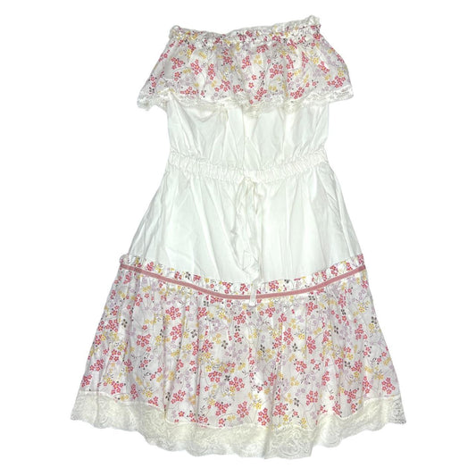 Dolce & Gabbana D&G Pink and White Floral Flowy Ruffle Strapless Dress with Ruffle Trim