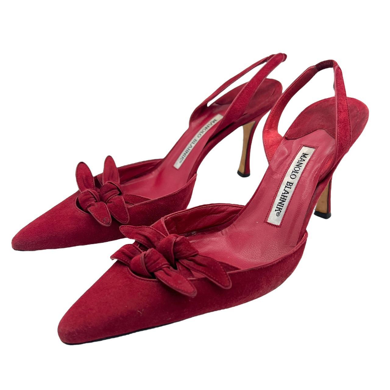 Manolo Blahnik Red Suede Slingback Heels with Bow Detail