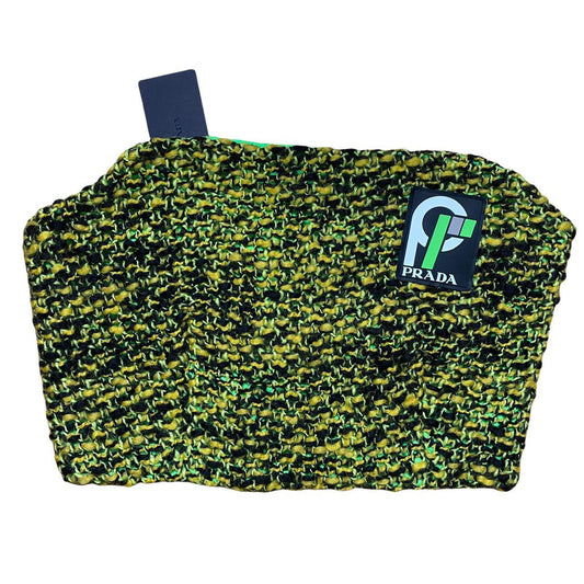 Prada Fall 2018 Knickerbocker Tweed Strapless Cropped Bustier Tube Top in Color ‘Giallo’ - Outfit Repeater