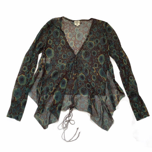 Jean-Paul Gaultier Femme Sheer Printed Stretch Mesh Tie Front Cardigan Style Long Sleeve Top