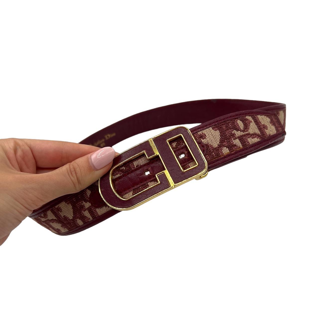 Christian Dior Burgundy Tan Trotter Print Leather Belt