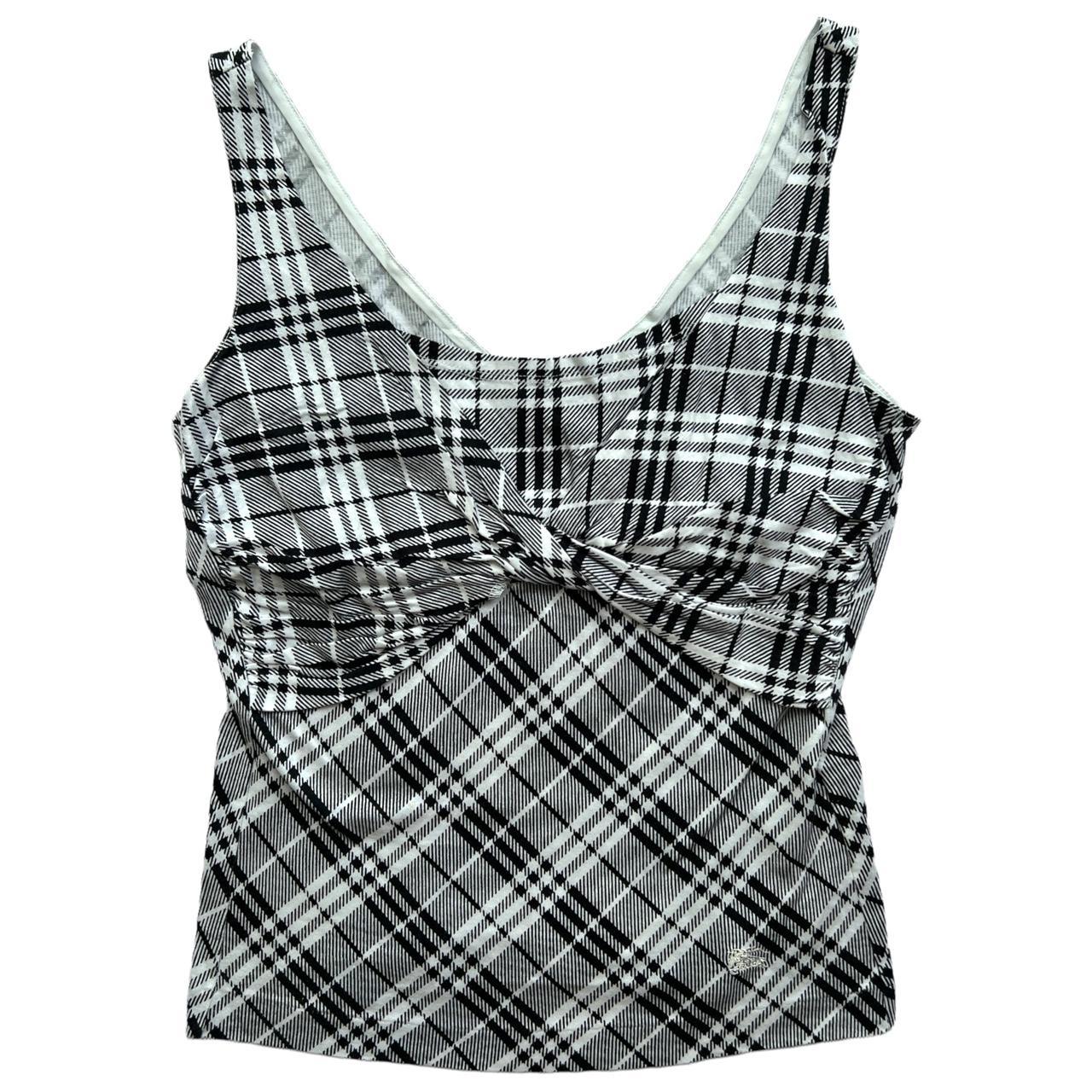Burberry Blue Label Black and White Signature Nova Check Plaid Printed Twist Front Tank Top - Outfit Repeater