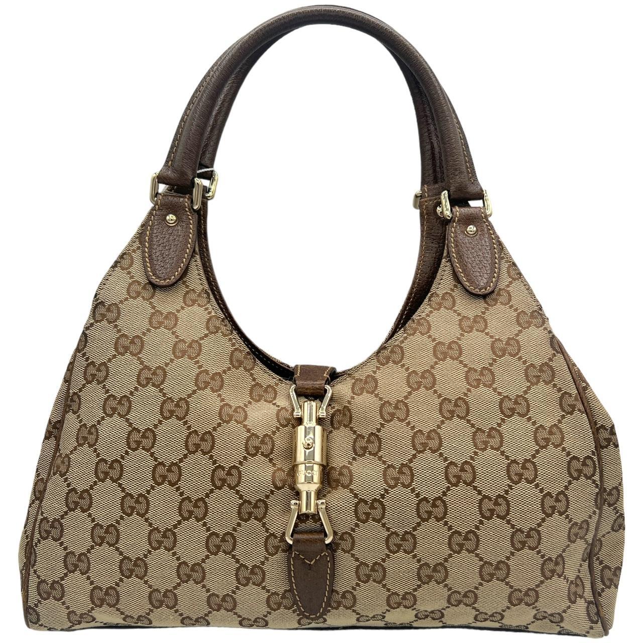 Gucci Shoulder Bag Brown Leather Tan Monogram Canvas