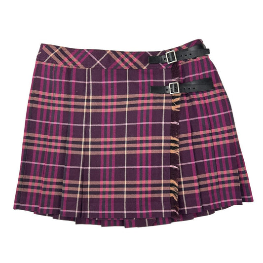 Burberry Blue Label Magenta Pink / Purple Nova Check Plaid Print Pleated Mini Skirt with Leather Buckles - Outfit Repeater
