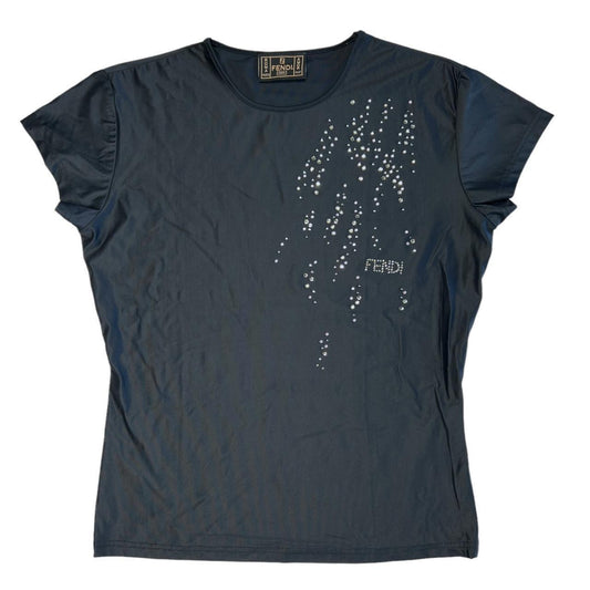 Fendi Jeans Black Spandex Top with Rhinestone Logo and Embellishments - Outfit Repeater