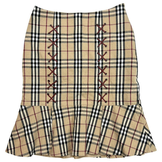 Burberry Blue Label Nova Check Plaid Mid Skirt with Leather Ties - Outfit Repeater
