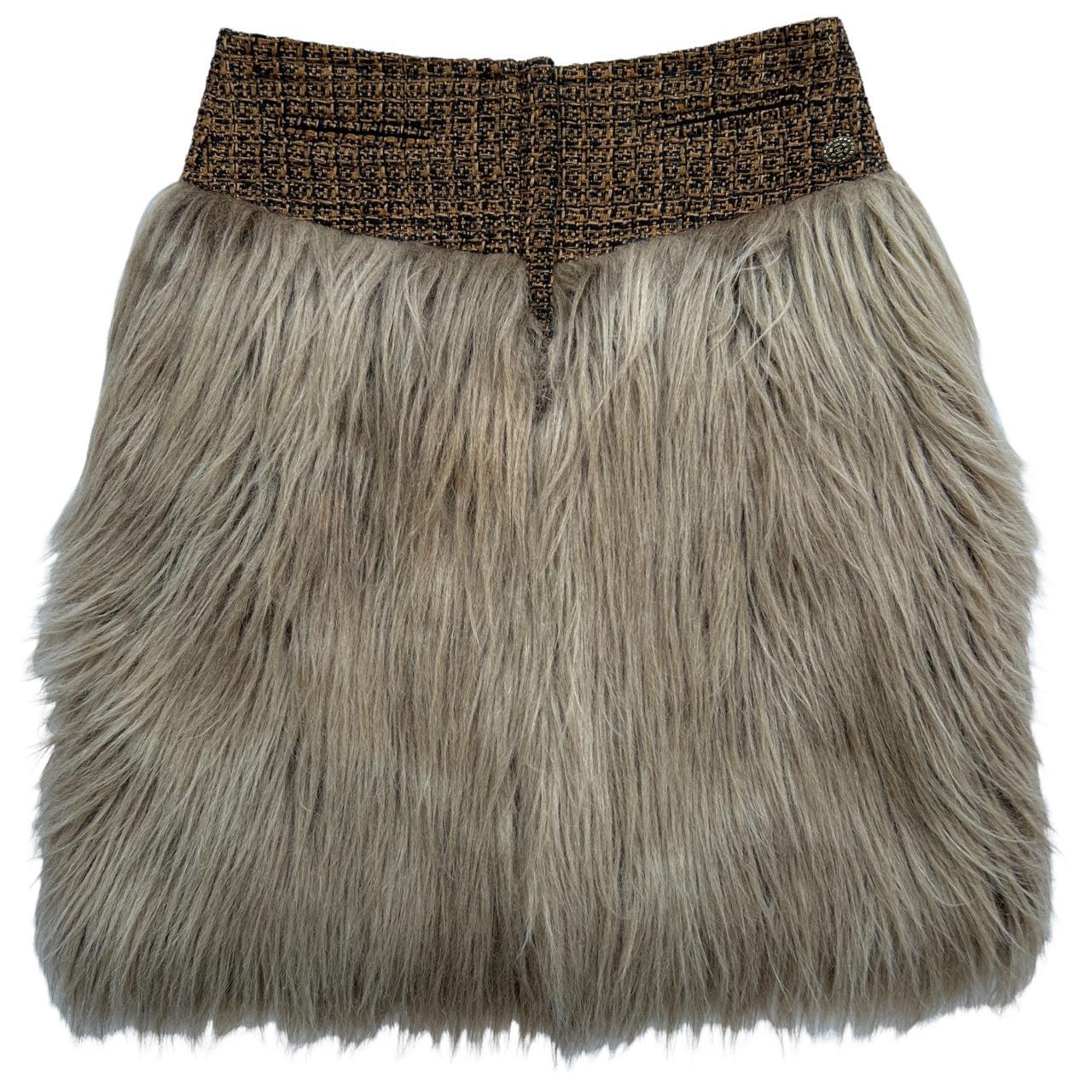 Chanel F/W 2010 RUNWAY SAMPLE 'Dream Fur' Faux Fur Midi Skirt with Orange/Brown and Black Tweed Waistband - Outfit Repeater
