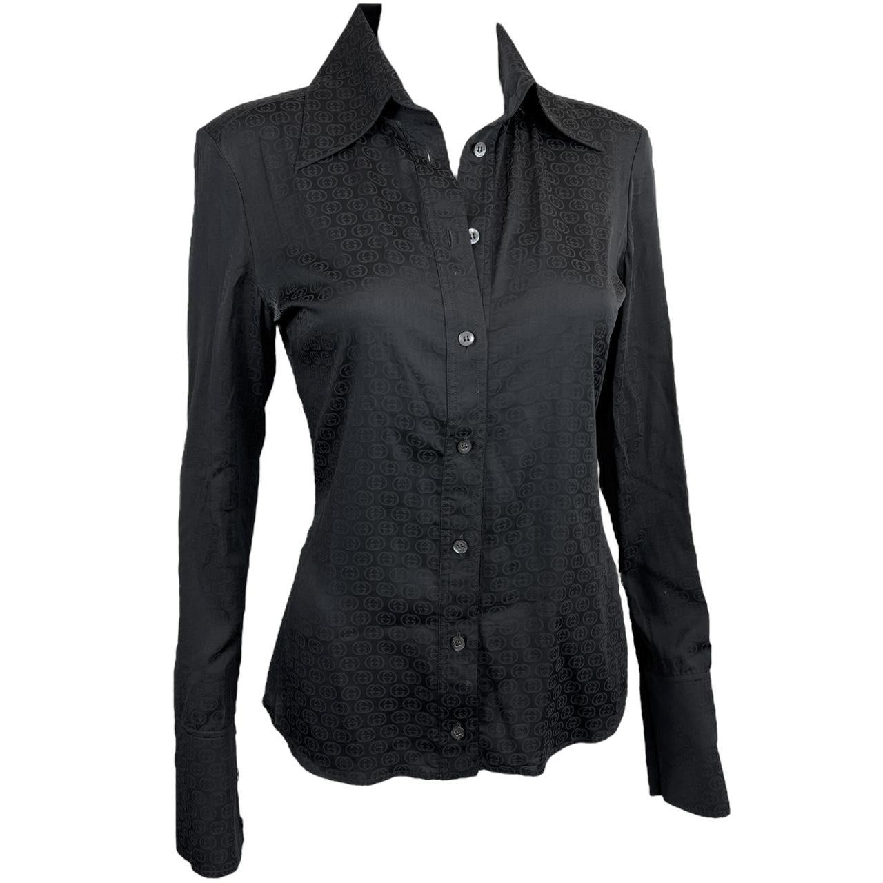 Gucci by Tom Ford F/W 2003 Black Silk GG Logo Button Up Blouse