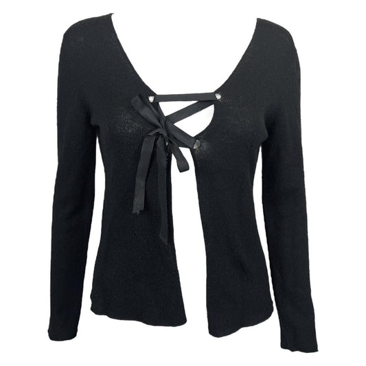 Gucci By Tom Ford Black Cashmere Knit Open Front Cardigan Top with Ribbon