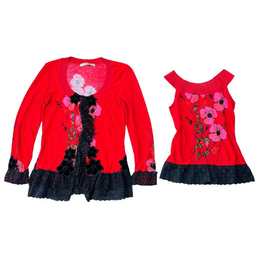 Blumarine Red Floral Patterned Knit Cardigan and Off The Shoulder Tank Set - Outfit Repeater